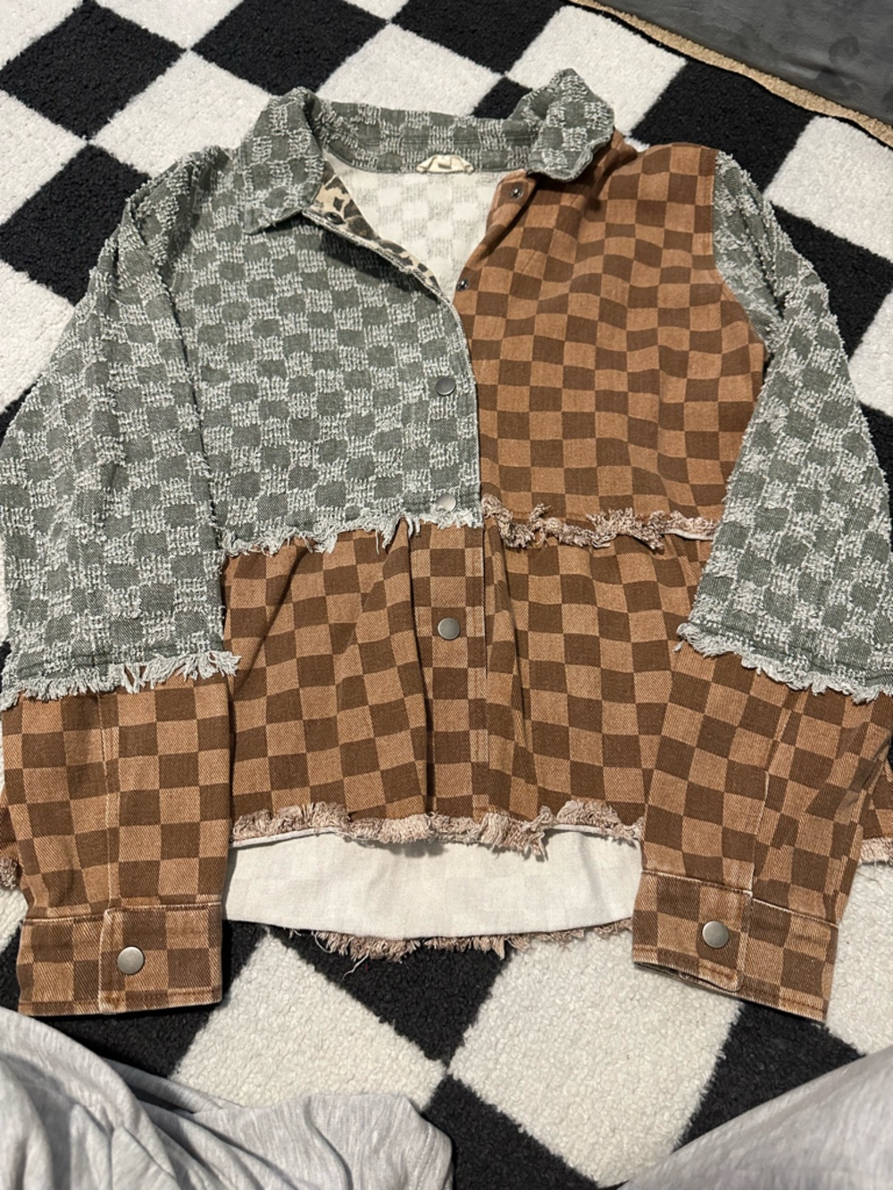 Mystree Olive Green and Brown Checker Patchwork Jean Jacket